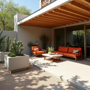 Mid-Century Desert Modern - Smooth concrete patio with terrazzo-inspired finish under an angular deck. Classic mid-century furniture in burnt orange and teak. Architectural concrete planters containing Saguaro Cactus, Desert Spoon, and Red Hesperaloe. Geometric shadow patterns from deck slats create artistic interest