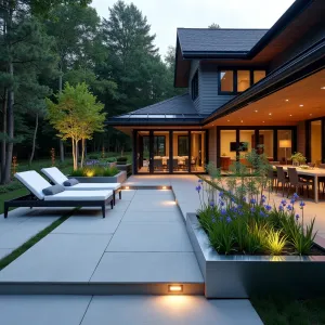 Minimalist Rain Garden - A smooth concrete patio under a floating deck design, featuring integrated drainage channels and a modern rain garden. Sleek white outdoor loungers with gray cushions, surrounded by linear stainless steel planters filled with River Birch, Switch Grass, and Blue Flag Iris. Recessed lighting in deck creates dramatic evening ambiance