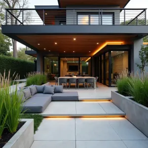 Modern Concrete Haven - A sleek polished concrete patio beneath a modern deck, featuring built-in LED strip lighting along the edges. Contemporary outdoor furniture with charcoal cushions, surrounded by large concrete planters filled with Japanese Forest Grass and Black Mondo Grass creating a modern zen atmosphere