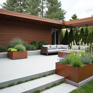 Modern Prairie Style - Smooth concrete patio with integrated heating under a horizontal-slatted deck. Low-profile furniture in natural textures, featuring Corten steel planters filled with Little Bluestem, Prairie Dropseed, and Purple Coneflower