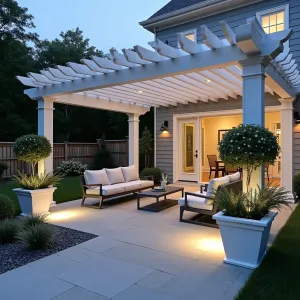 Moonlight Garden Lounge - Silver-tinted concrete patio with moonstone aggregates under a white pergola deck. White and silver furniture with pearl gray cushions. Illuminated planters containing White Flowering Tobacco, Silver Artemisia, and Evening Primrose. Specialized lighting mimics moonlight through deck slats