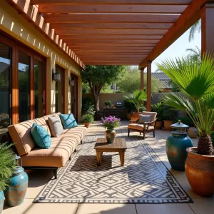 Moroccan Courtyard Haven - Stamped concrete patio with intricate Islamic geometric patterns under a cedar pergola-style deck. Luxurious low-slung seating with jewel-toned cushions and brass accent tables. Glazed ceramic planters featuring Mediterranean Fan Palm, Arabian Jasmine, and Purple Fountain Grass. Pierced metal lanterns cast intricate shadow patterns