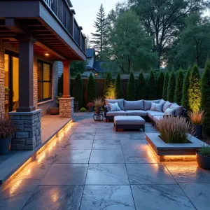 Mosaic Garden Hideaway - Intricately stamped concrete patio featuring embedded glass mosaic tiles under a tiered composite deck. Plush outdoor sectional in dove gray with copper accents. Custom concrete planters with built-in lighting containing Pink Muhly Grass, Persian Shield, and Variegated Shell Ginger. Color-changing LED strips create evening drama