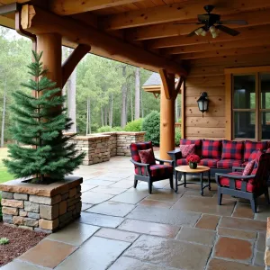 Mountain Lodge Terrace - Rustic scored concrete patio with pine needle impressions under a heavy timber deck. Lodge-style furniture with buffalo check cushions, enhanced by rough-hewn stone planters featuring Blue Spruce, Red Twig Dogwood, and Autumn Joy Sedum