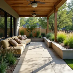 Native Prairie Sanctuary - Textured concrete patio with native grass impressions under a sustainable bamboo deck. Features built-in concrete seating with performance fabric cushions in earth tones. Weathered limestone planters showcasing Little Bluestem, Prairie Blazing Star, and Indian Grass. Solar pendant lights create eco-friendly illumination