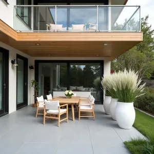 Nordic Serenity Space - Light gray brushed concrete patio under a blonde wood deck with glass railings. Scandinavian-style furniture in pale woods and white cushions, accented by large white ceramic planters containing Silver Birch, Karl Foerster Grass, and White Astilbe