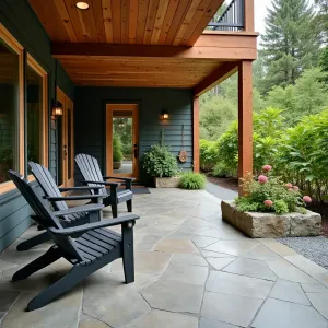 Pacific Northwest Retreat - Acid-stained concrete patio with leaf patterns under a cedar deck with integrated rain chains. Modern Adirondack chairs in charcoal gray, complemented by natural stone planters featuring Japanese Maples, Western Sword Ferns, and Coast Rhododendrons