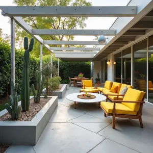 Palm Springs Modernist - Polished concrete patio with geometric scoring under an aluminum pergola deck. Mid-century modern furniture in bright yellow and white. Rectangular concrete planters containing Mexican Fan Palms, Silver Torch Cactus, and Desert Bird of Paradise. Period-appropriate globe lighting adds retro charm