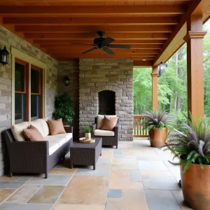 Rustic Stamped Retreat - Warm-toned stamped concrete patio under a cedar deck, featuring a stone veneer accent wall with a mounted water feature. Comfortable wicker furniture arrangement with earth-tone cushions, bordered by weathered copper planters with cascading Boston Ferns and Purple Fountain Grass