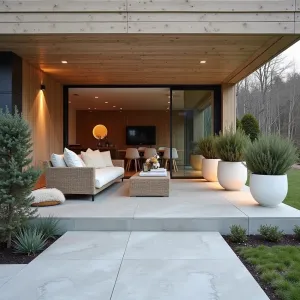 Scandinavian Winter Garden - Heated stamped concrete patio with geometric Nordic patterns under a light wood deck. Minimalist furniture in pale oak with sheepskin throws. White ceramic planters containing Silver Birch, Arctic Willow, and White Pine. Integrated LED lighting creates hygge atmosphere