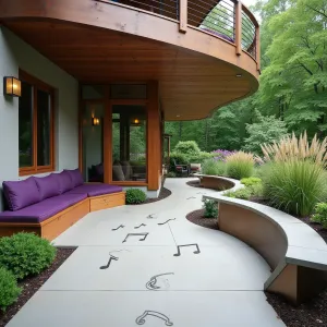 Sound Garden Retreat - Smooth concrete patio with musical note imprints under a suspended deck. Features musical chimes and water bells integrated into the design. Curved bench seating with deep purple cushions. Bronze planters containing Silverbell, Windflower, and Northern Sea Oats for natural sound