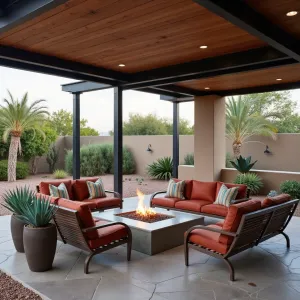 Southwest Modern Sanctuary - Stamped concrete patio with Southwestern patterns under a modern steel and wood deck. Contemporary furniture with desert-inspired upholstery in rust and turquoise. Weathered steel planters featuring Whale's Tongue Agave, Desert Spoon, and Mexican Bush Sage. Integrated fire features provide evening warmth