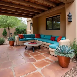 Southwest Sunset Lounge - Terra cotta stained concrete patio with Native American inspired patterns under a weathered wood deck. Adobe-style built-in seating with turquoise and rust cushions, featuring copper planters filled with Blue Agave, Red Yucca, and Mexican Sage