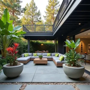 Tropical Modern Escape - Smooth concrete patio with inlaid river rocks under an aluminum deck system. Contemporary sectional in charcoal with lime accents, bordered by large concrete vessels containing Bird of Paradise, Red Ti Plants, and Elephant Ears