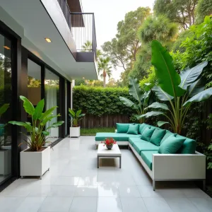 Tropical Modernist Lounge - Polished concrete patio with embedded LED lighting under a cantilevered aluminum deck. Low-profile furniture in crisp white with emerald green cushions. Architectural concrete planters containing Giant Bird of Paradise, Red Cordyline, and Monstera Deliciosa. Integrated misting system creates tropical microclimate