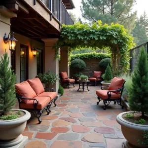 Tuscan Villa Terrace - Stamped concrete patio with old-world patterns under a rustic wooden deck with grape vine trellis. Italian-style furniture in wrought iron with terra cotta cushions. Aged stone planters containing Italian Cypress, Mediterranean Herbs, and Climbing Wisteria. Oil-rubbed bronze lighting adds romantic ambiance