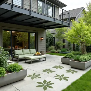 Urban Foodscape Terrace - Heated concrete patio with herb-leaf impressions under a modern steel deck. Contemporary aluminum furniture with sage green cushions. Self-watering concrete planters containing culinary herbs, dwarf fruit trees, and edible flowers. Greenhouse-style panels provide growing environment