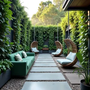 Urban Jungle Hideaway - Polished concrete patio with exposed aggregate borders under a composite deck system. Hanging egg chairs and modular seating in emerald green, surrounded by tall vertical garden walls filled with Boston Ferns, Philodendrons, and Pothos. Integrated misting system creates tropical atmosphere