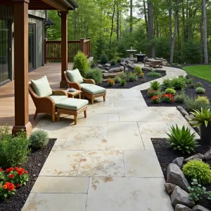 Urban Wildlife Retreat - Textured concrete patio with leaf prints under an eco-friendly composite deck. Features built-in bird baths and butterfly puddling areas. Natural rattan furniture with sage green cushions. Native plant containers filled with Cardinal Flower, Black-Eyed Susan, and American Beautyberry