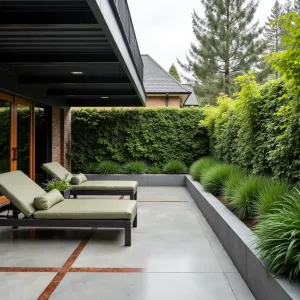 Vertical Garden Wall - Polished concrete patio with copper inlays under a modern steel deck. Features floor-to-ceiling living wall system with integrated irrigation. Modern loungers in charcoal with olive cushions. Vertical plantings including Boston Fern, Autumn Joy Sedum, and Creeping Jenny