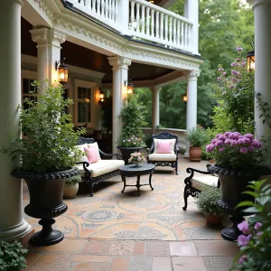 Victorian Garden Parlor - Antiqued concrete patio with pressed Victorian patterns under an ornate white deck with gingerbread trim. Cast iron furniture with plush rose and cream cushions. Ornate cast iron planters containing Standard Roses, English Ivy, and Purple Bellflowers. Vintage-style lanterns provide romantic lighting