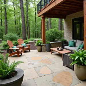 Woodland Retreat - Natural-toned concrete patio with leaf imprints under a rustic deck. Adirondack chairs and outdoor sofa with forest green cushions. Natural stone planters with Coral Bells and Wood Ferns creating forest atmosphere