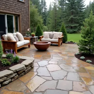 Alpine Lodge Retreat - A stamped concrete patio with timber beam impressions and mountain flora textural inlays. Dwarf pine trees and alpine flowers in raised stone beds. Chunky wooden furniture with faux fur throws. Copper fire pit with pine cone accents.