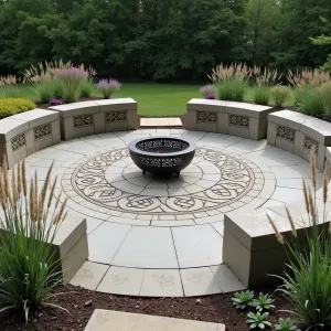 Ancient Stone Circle - A circular concrete patio with Celtic knot patterns stamped into the surface. Tall ornamental grasses and heather create natural borders. Monolithic concrete seating blocks with rune-inspired carvings. Iron fire bowl with geometric cutouts.