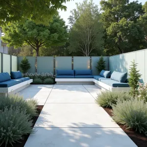 Arctic Frost Garden - A white concrete patio with crystalline aggregate that sparkles in sunlight. Silver artemisia and white cosmos create an ethereal border. Heated concrete seating with ice-blue cushions. Frosted glass privacy screens with integrated LED lighting.