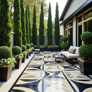 Art Deco Oasis - A sophisticated concrete patio painted with bold Art Deco patterns in black, gold, and silver. Tall Italian cypress trees provide vertical drama, while white gaura creates soft movement at the borders. Geometric painted concrete planters contain structured boxwood spheres. Modern metal furniture with gold accents completes the luxe look.