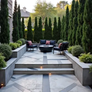 Art Deco Revival Court - A stamped concrete patio featuring bold Art Deco geometrics and metallic accent strips. Tall columnar Italian cypress and silver carpet create architectural lines. Chrome and black velvet outdoor furniture. Stepped concrete planters with uplighting.