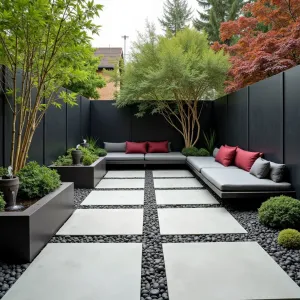 Asian Fusion Concrete Garden - A smooth-troweled concrete patio with black river stones inlaid in geometric patterns. Cloud-pruned Japanese holly and paper bark maples provide structure. Low modular seating in charcoal with burgundy accents. Contemporary ceramic vessels contain bamboo fountains.