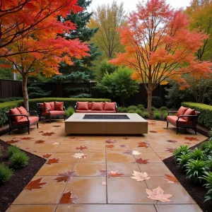 Autumn Maple Grove - A warm-toned concrete patio with maple leaf imprints and copper-colored staining. Japanese maple trees in various colors provide canopy, while autumn ferns create lower interest. Custom concrete fire table with glass surround. Comfortable lounge seating in deep auburn tones.