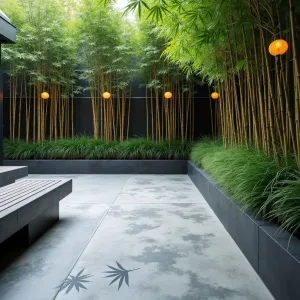 Bamboo Forest Sanctuary - A polished concrete patio with etched bamboo leaf patterns, surrounded by living bamboo groves in raised concrete planters. Minimalist black concrete benches with bamboo slat inserts. Japanese forest grass creates soft ground cover edges. Paper lantern-inspired LED lighting.