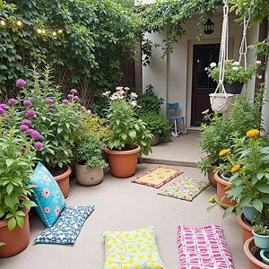 Bohemian Budget Retreat - A simple concrete slab transformed with colorful outdoor rugs and floor cushions. Mixed container gardens in thrifted ceramic pots feature butterfly bush and cosmos. Macramé plant hangers and string lights create whimsical overhead interest.