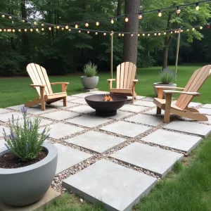 Budget-Friendly DIY Concrete Squares - A modular concrete patio created with individually cast squares, arranged in a checkerboard pattern with pea gravel infill. String lights overhead, DIY concrete planters filled with lavender and thyme. Simple wooden Adirondack chairs and a portable fire bowl create a cozy seating area.