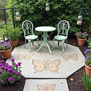 Butterfly Haven Retreat - A hexagonal concrete patio with simplified butterfly motifs stamped in a subtle pattern. Purple butterfly bush, lantana, and verbena surround the edges in simple terracotta pots. Basic wrought iron bistro set painted in soft sage green. Mason jar butterfly feeders hang from shepherd's hooks.