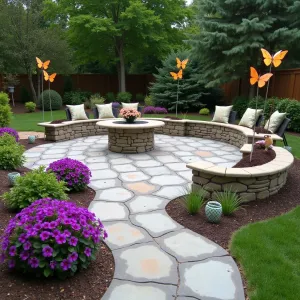 Butterfly Meadow Retreat - A honeycomb-patterned concrete patio with integrated butterfly puddling stations. Wave petunia and butterfly bush create flowing borders. Concrete bench seating with wing-inspired backs. Solar copper butterfly stakes provide whimsical lighting.