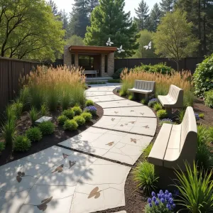 Butterfly Migration Path - A winding concrete patio with butterfly wing imprints creating a migration pattern. Butterfly bush and lantana provide nectar sources while native grasses offer shelter. Curved concrete benches with wing-inspired backs. Solar-powered butterfly mobile sculptures move with the wind.