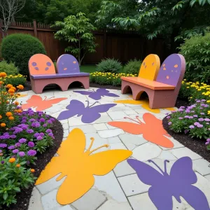 Butterfly Wing Plaza - A whimsical concrete patio painted with oversized butterfly wing patterns in purple, orange, and yellow. Butterfly bush, zinnia, and lantana create a living butterfly garden border. Curved concrete benches painted with coordinating wing patterns feature weather-resistant cushions in complementary colors.