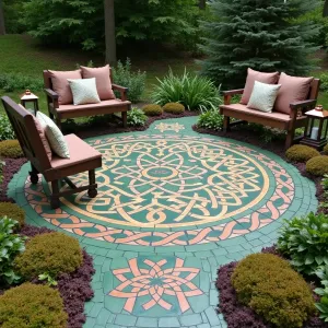 Celtic Knot Garden - A concrete patio painted with intricate Celtic knot patterns in forest green and aged copper tones. Creeping thyme grows between the designs, while Irish moss and heather create authentic border plantings. Rustic wooden benches with Celtic-inspired cushions provide seating, while copper lanterns add evening ambiance.