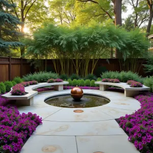 Circular Sunrise Reflection - A circular polished concrete patio featuring inlaid copper rings that catch morning light. Dawn redwood and fountain bamboo create dramatic height while creeping red sedum softens the edges. Modern curved concrete benches with integrated planters contain cascading purple petunias. Copper and glass orb fountains provide gentle water music.