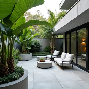 Cloud Forest Mist - A smooth concrete patio with integrated misting system creating a cool microclimate. Tree ferns and large-leafed hostas create tropical atmosphere. Modern concrete planters with built-in humidity wells. Contemporary furniture in pale gray with mist-resistant cushions.