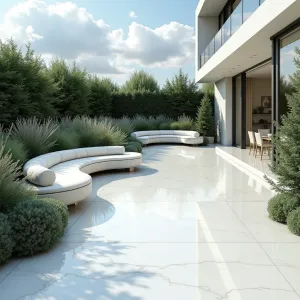 Cloud Mirror Plaza - A highly polished white concrete patio designed to reflect sky and clouds like a mirror. Silver foliage plants including artemisia and dusty miller create ethereal borders. Curved concrete cloud-shaped seating with pearl-white cushions. Misting features create temporary clouds.