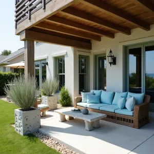 Coastal Breeze Haven - A breezy concrete patio under deck design with coastal influences. Salt-tolerant plants like rosemary and lavender in wave-pattern concrete planters create seaside atmosphere. Comfortable concrete seating with weatherproof cushions in ocean blues, while shell-embedded concrete details add beach character.