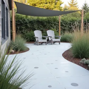 Coastal Breeze Retreat - A salt-finish concrete patio with simple shell imprints. Beach grass and coastal rosemary provide movement and fragrance. Basic Adirondack chairs in weathered gray. Rope-wrapped posts support simple shade sail.