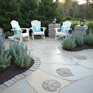 Coastal Drift Haven - A stamped concrete patio with sand dollar and seashell impressions in a weathered finish. Coastal rosemary and blue lyme grass create movement. Whitewashed teak furniture with seafoam cushions. Rope-wrapped concrete pillars with marine lanterns.