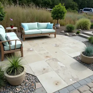 Coastal Dune Retreat - A weathered concrete patio with sand-washed finish and seashell impressions. Coastal grasses, including sea oats and blue dune grass, create movement. Driftwood-inspired concrete planters with native beach plants. Rope-detailed furniture in weathered teak with seafoam cushions.