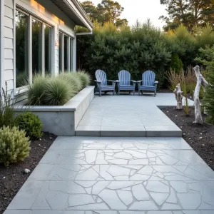 Coastal Modern Retreat - A salt-finished concrete patio with wave-like texture patterns. Coastal grasses and silver-leafed artemisia sway in built-in concrete planters. Modern Adirondack chairs in powder-coated aluminum with weather-resistant navy cushions. Driftwood sculptures and marine-grade steel accents.