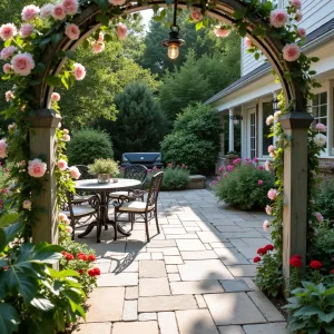 Cottage Garden Concrete Retreat - A charming exposed aggregate concrete patio surrounded by cottage garden plantings. English roses climb wrought iron arches, with flowering perennials spilling onto the edges. Vintage-style metal furniture and mason jar lighting.